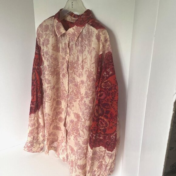 Free People Rose Bud Paisley Cotton Oversized Boho Blouse Red Cream Lightweight - Picture 5 of 13